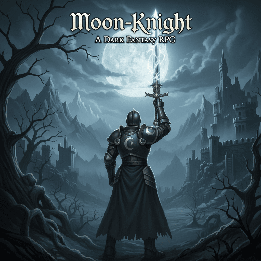 Moon-Knight key art. Armoured knight beneath a full moon, moon-phase health bar on the breastplate.