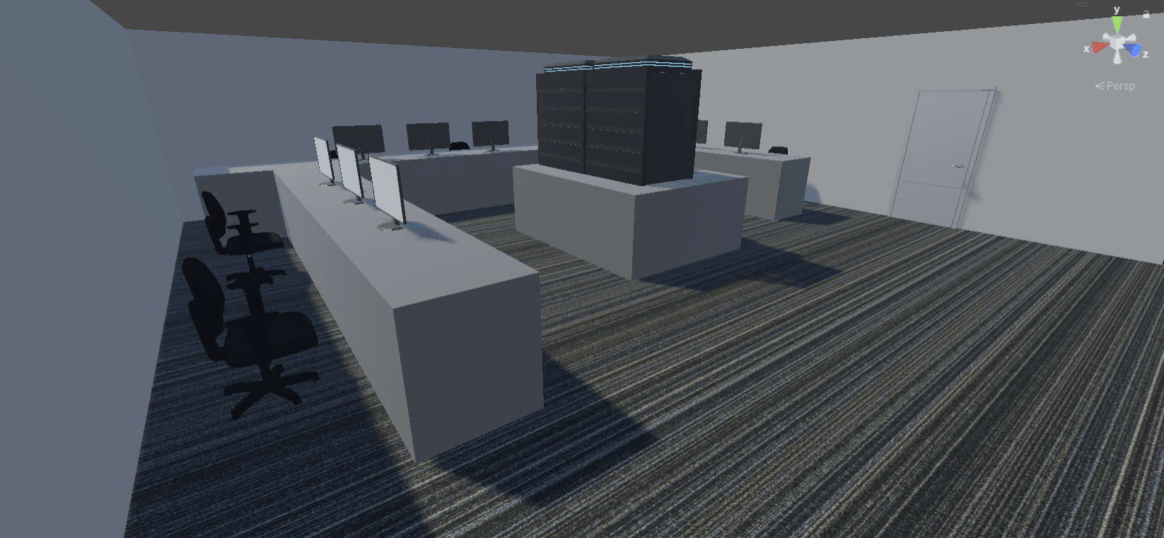 The digital-money room in the built basement: banks of monitors on desks around three walls, a lit server rack on a plinth in the centre, and the door out.