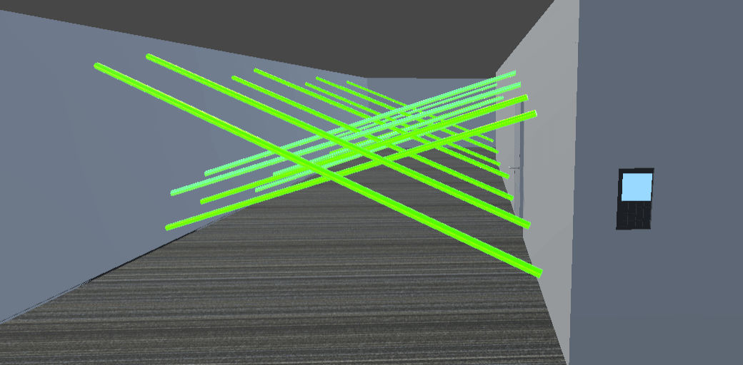 In-engine view of the basement corridor with the laser grid switched on: a dozen green beams crossing the passage at waist and chest height, and a wall keypad beside them.