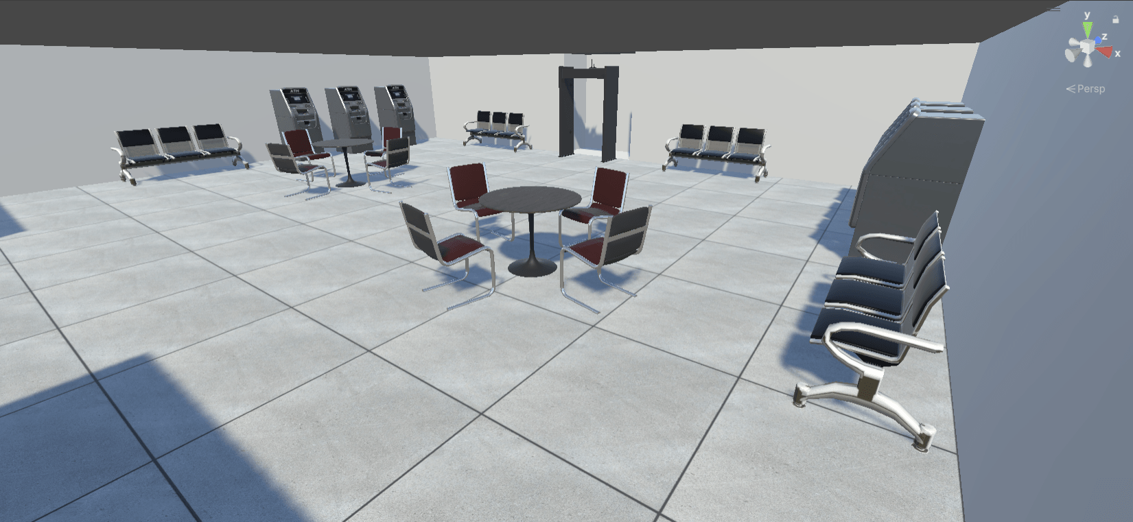 In-engine view of the bank lobby: three ATMs along the back wall, waiting seating, low tables, and the walk-through security gate that leads to the rest of the building.