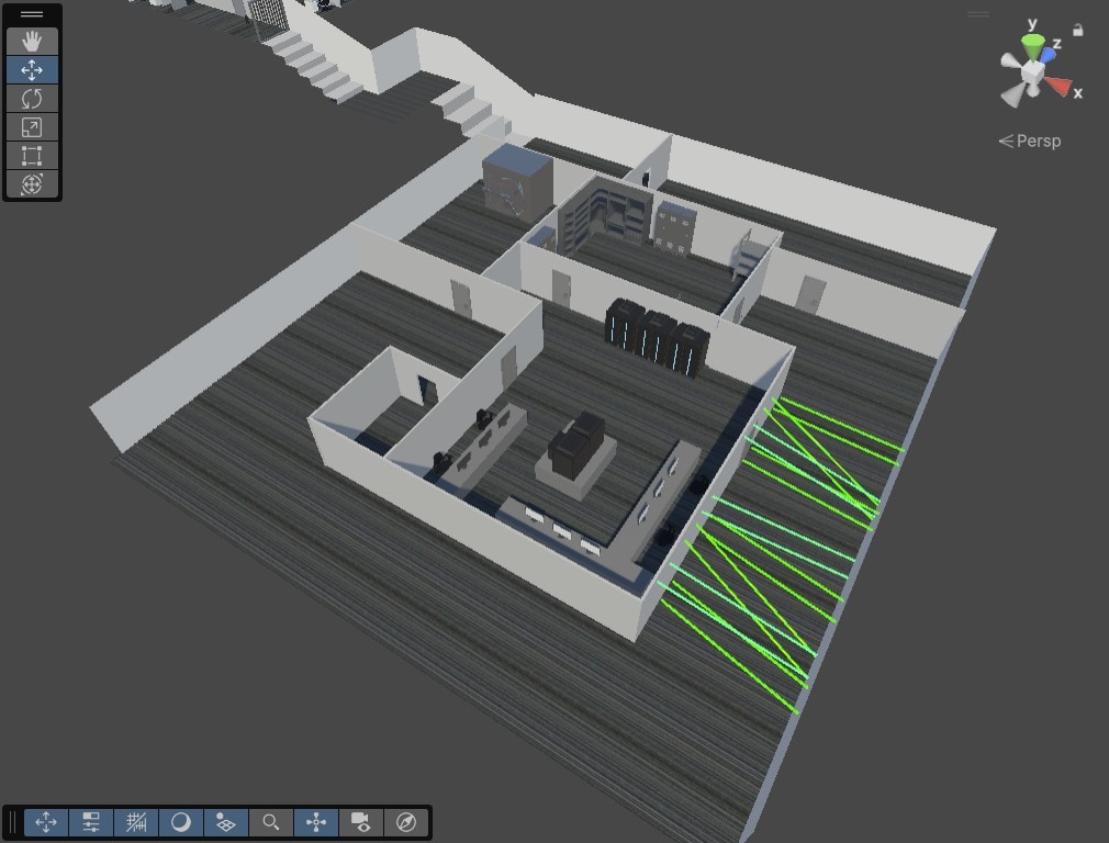 Cut-away view of the built bank basement from above with the laser grid switched on, showing the stairs down and the rooms from the basement plan.