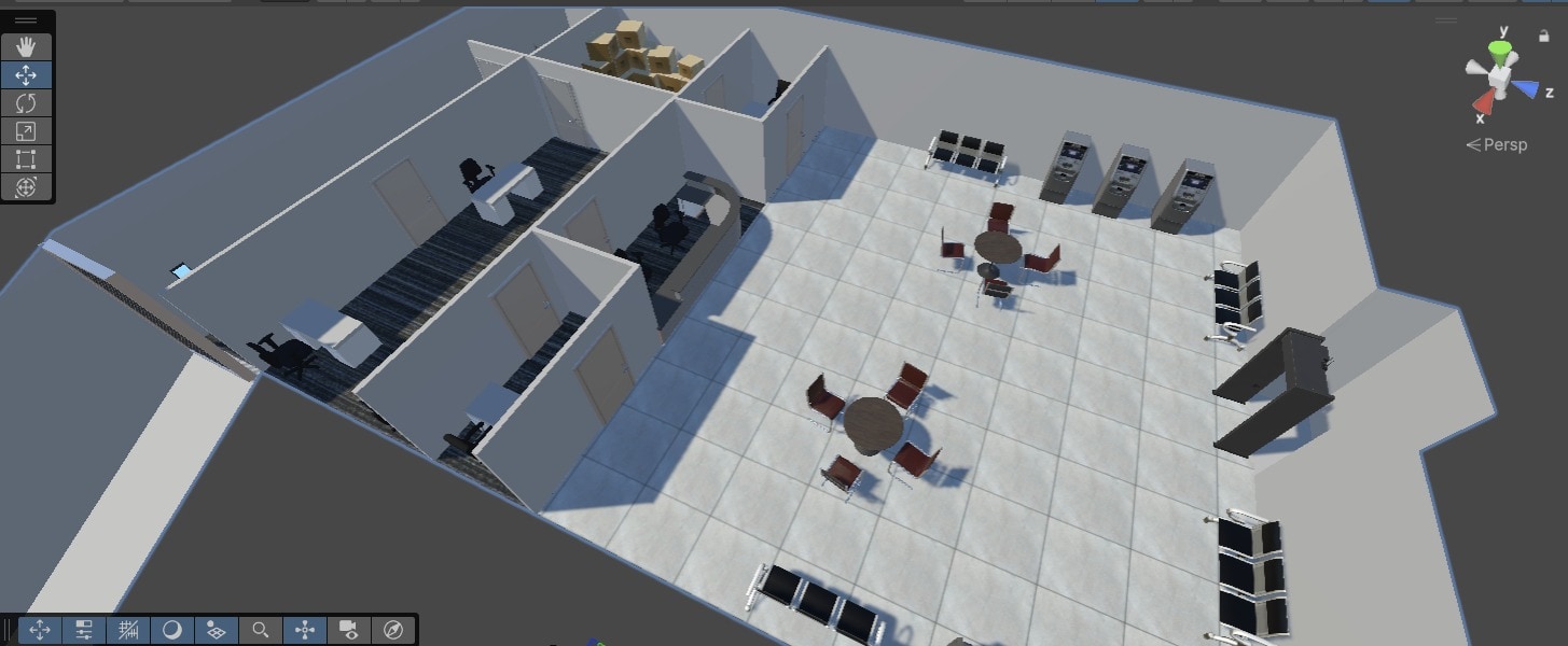Cut-away view of the built bank ground floor from above: the lobby with its ATMs and seating, reception, the back offices and the store room, matching the ground-floor plan.