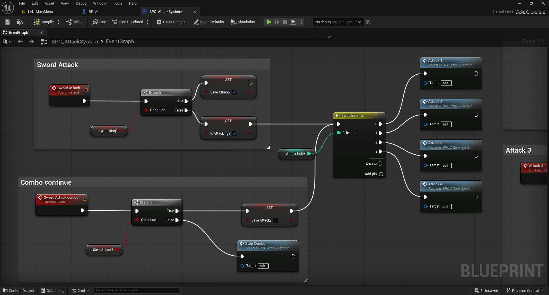 The BPC_AttackSystem Blueprint graph: a Sword Attack event branching on Is Attacking?, a Combo continue event branching on Save Attack?, a Switch on Int firing Attack 1 through Attack 4, and a Stop Combo node on the failing branch.