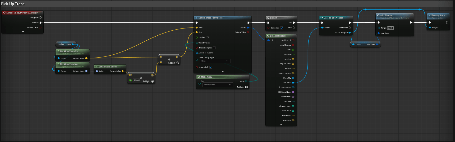 The pickup trace graph: the Interact input runs a sphere trace forward from the follow camera, and if the hit actor casts to BP_Weapon it is added to the equipment component and the world actor is destroyed.