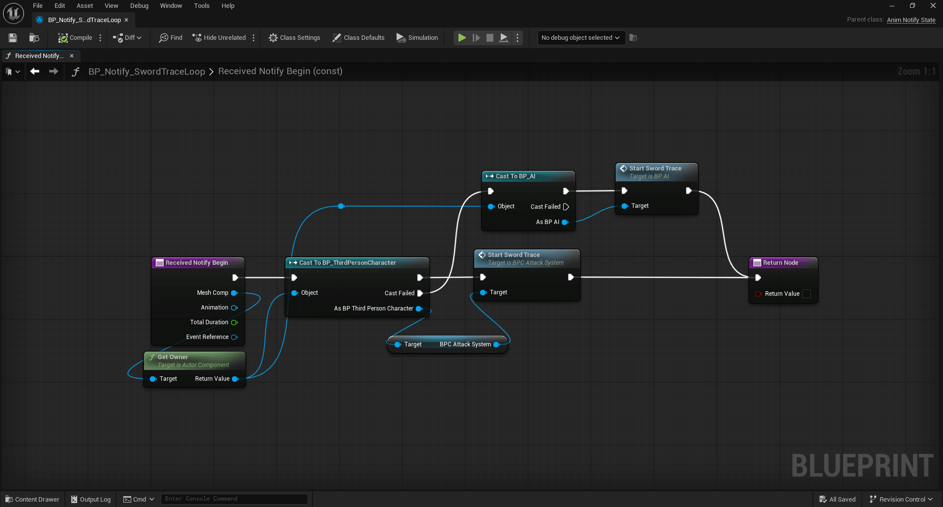 The BP_Notify_SwordTraceLoop anim notify state: Received Notify Begin gets the owner, casts to the player character or to BP_AI, and calls Start Sword Trace on whichever attack component it found.