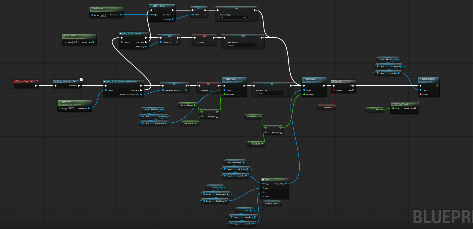 The player-stats Blueprint graph: the component casts to the player, dummy or AI character, sets a Character Type enum, and feeds Set Percent into whichever health and stamina bar belongs to that owner.