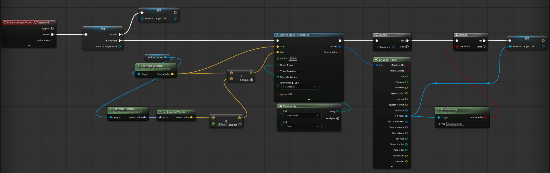 Blueprint target-lock graph: a 200-unit sphere trace selecting the nearest tagged enemy and storing it for the camera to follow.