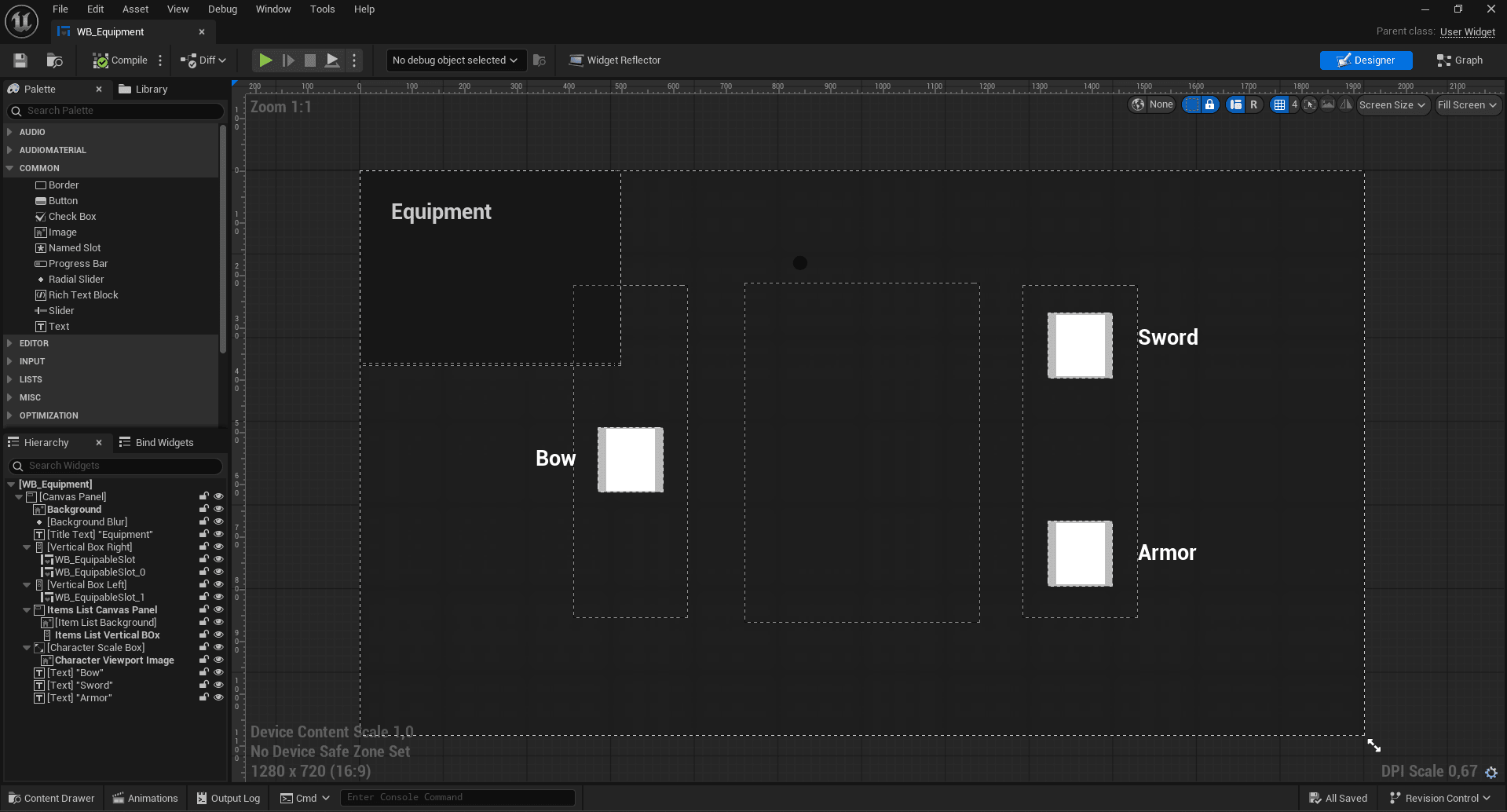 The WB_Equipment widget open in Unreal's UMG designer: a canvas with the character viewport in the centre and labelled Bow, Sword and Armor equipment slots down the right, with the widget hierarchy listed beside it.