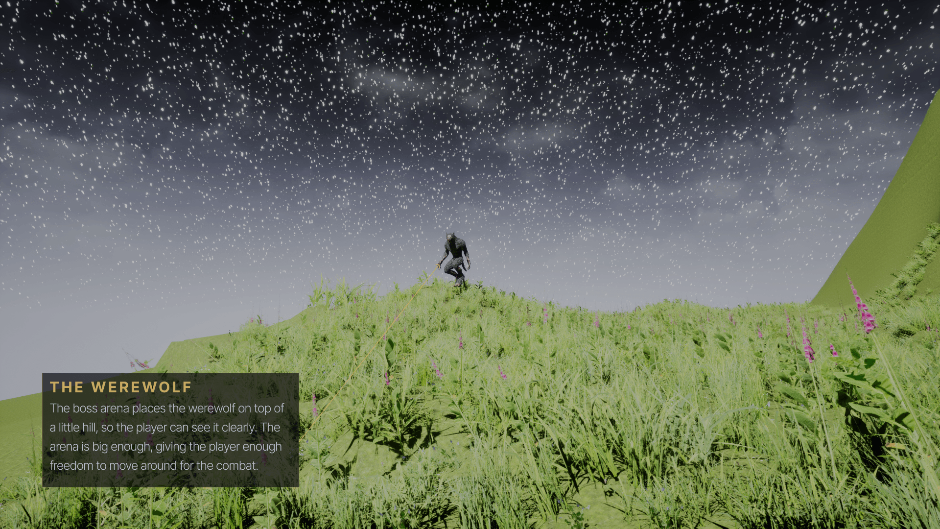Annotated boss arena: the werewolf placed on a raised mound so it stays readable from anywhere in the arena, with the arena sized for dodging room.