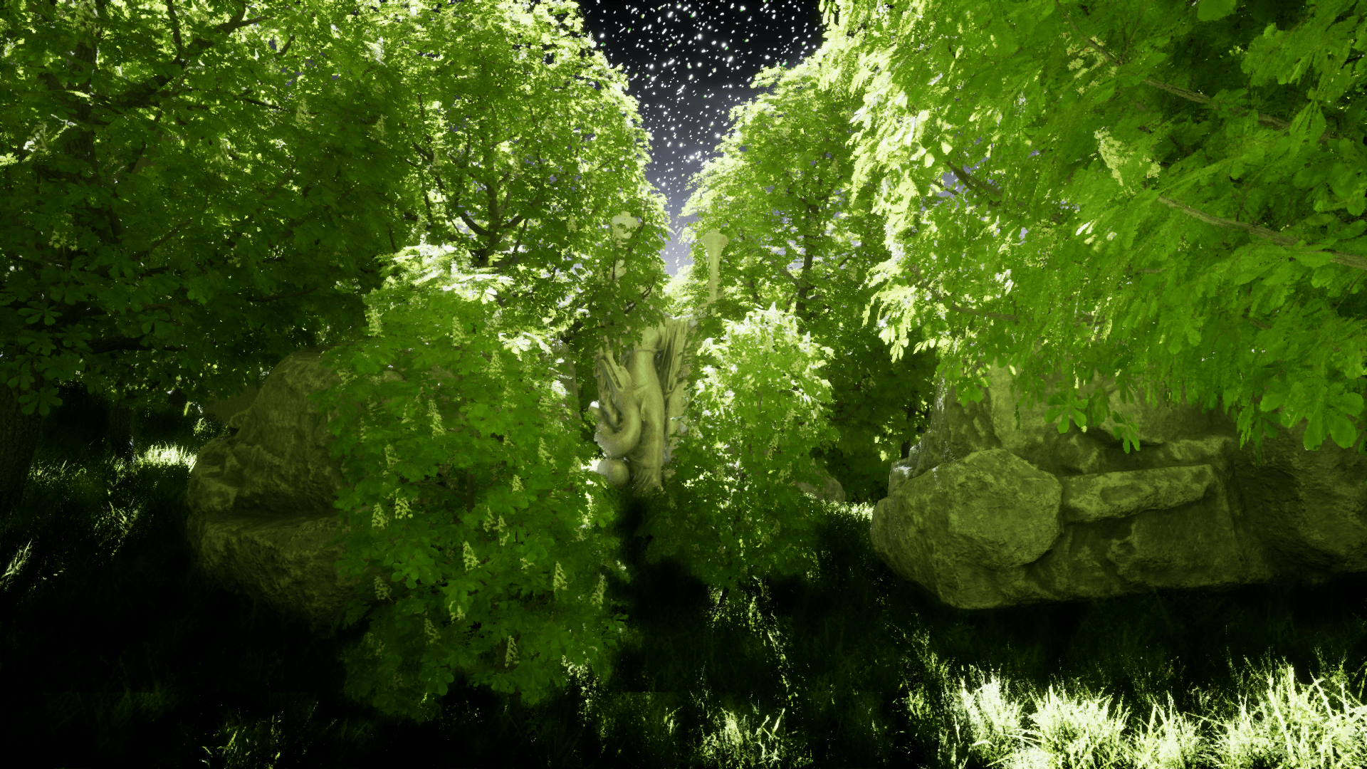 Night interior of the forest: a statue half-swallowed by heavy foliage, stars visible through the canopy.