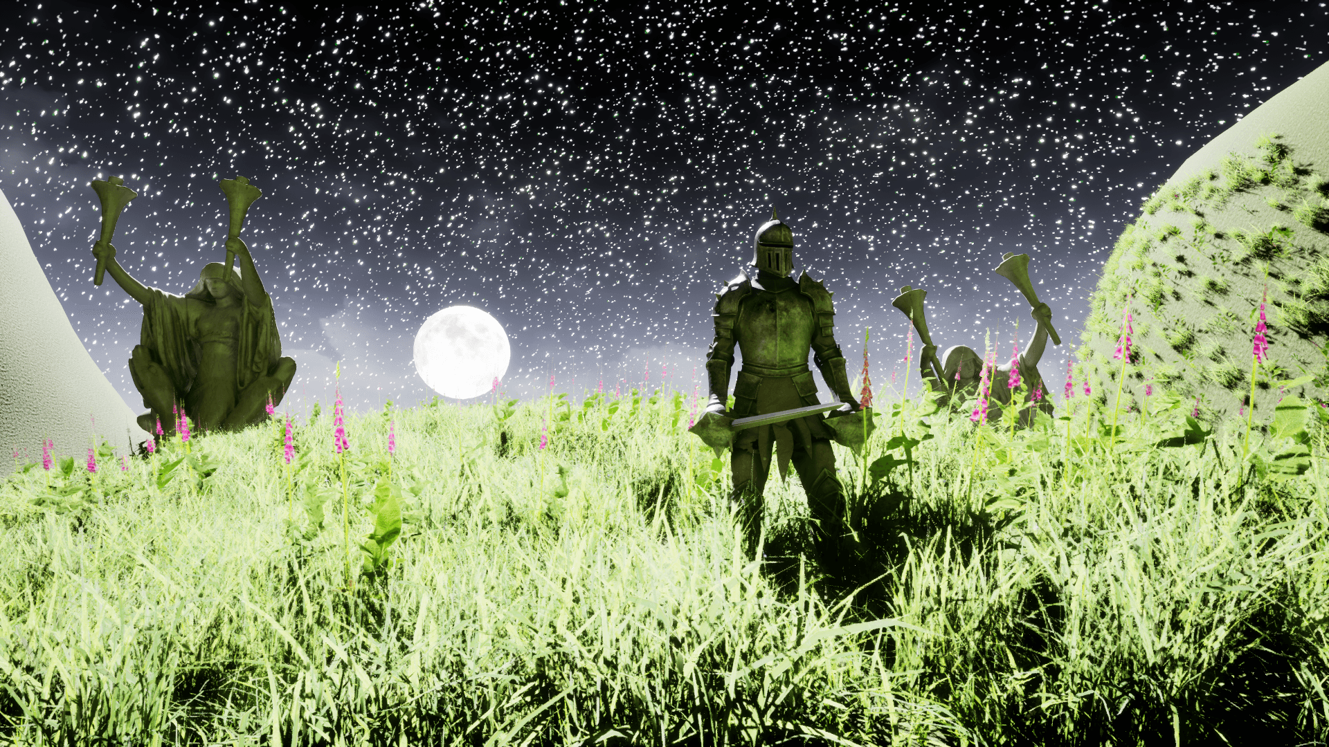 The knight seen from behind, alone in a moonlit meadow of foxgloves, ruined statues either side, a full moon low on the horizon under a dense starfield.
