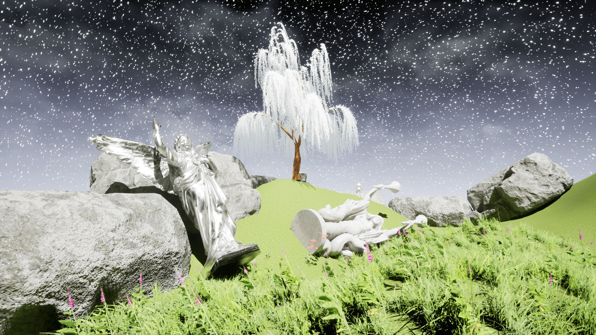A white willow tree on a rise under a full night sky, a fallen winged statue below it, the knight small in the distance.