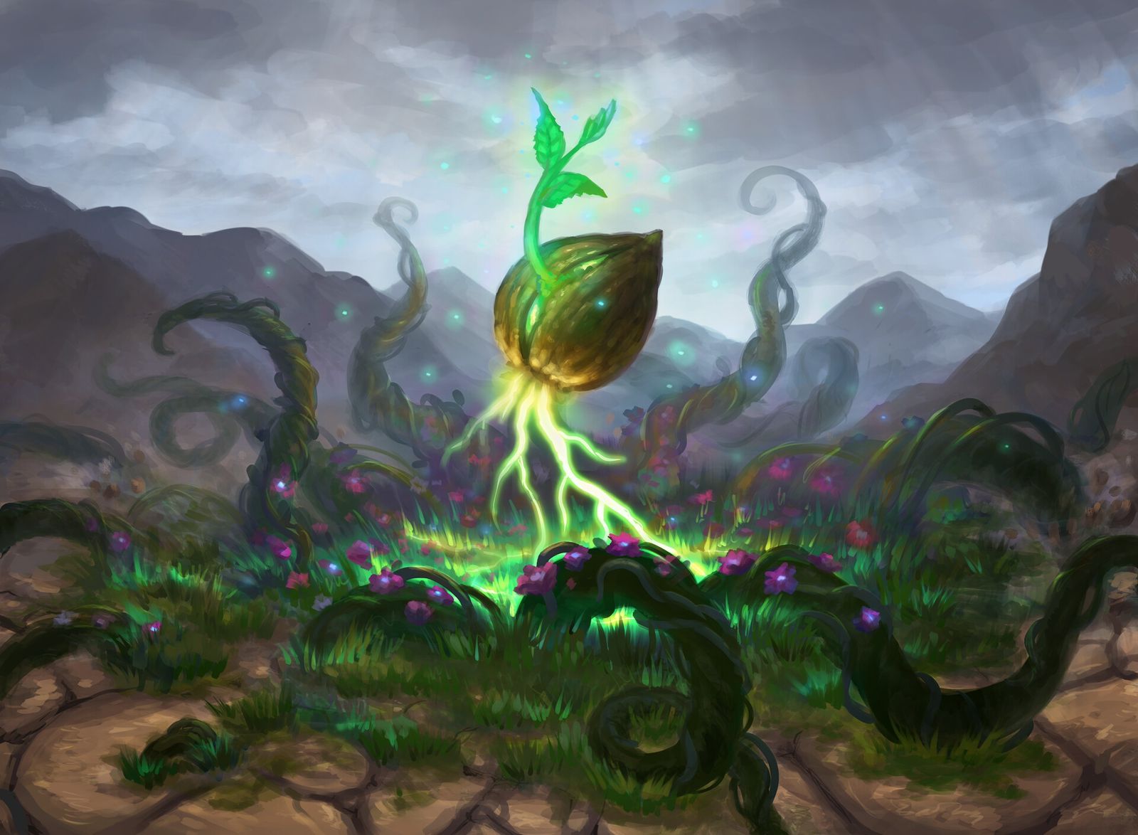 Painted key art of a single glowing seed sprouting through cracked earth, roots running light into the ground and flowers opening around it.