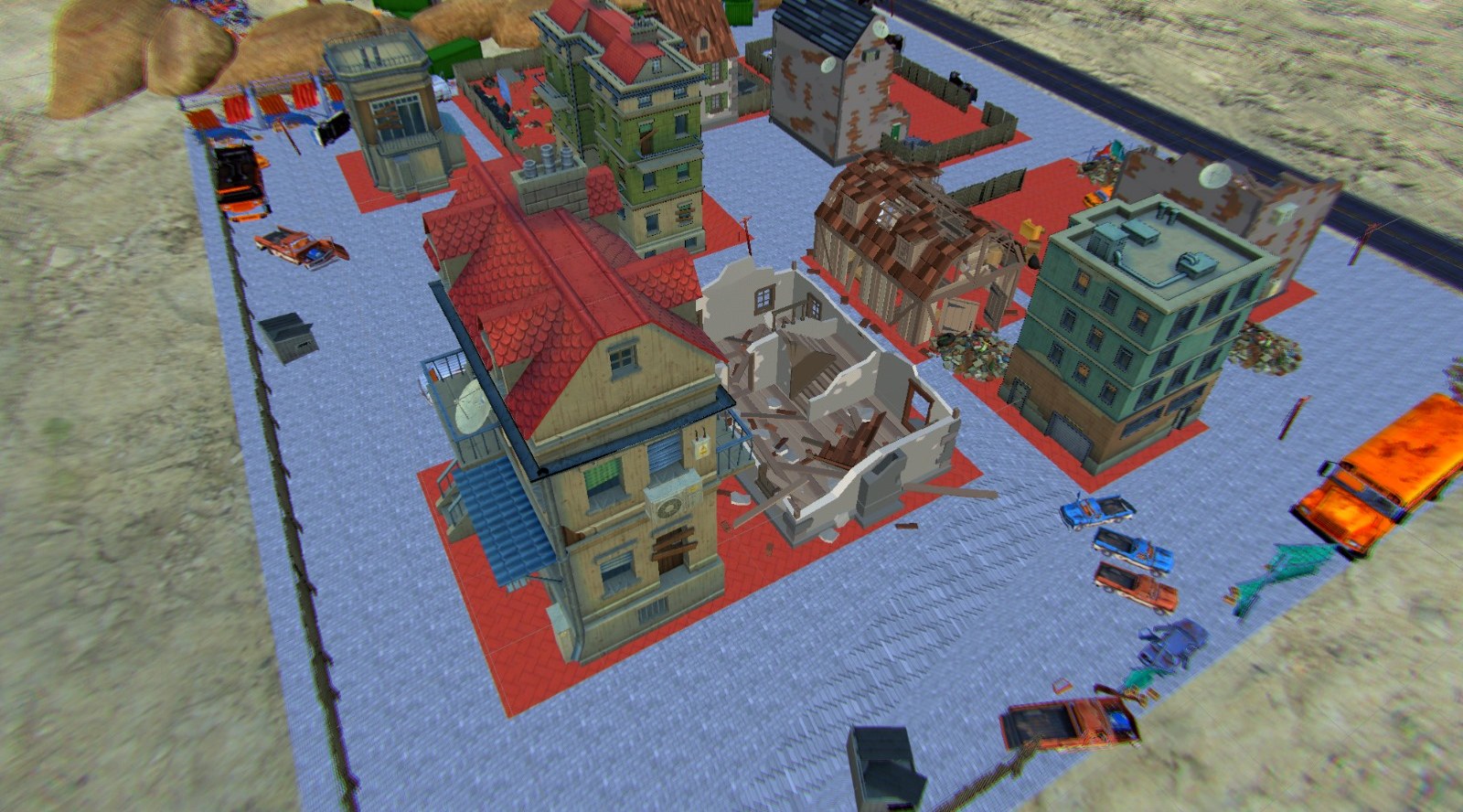 Overhead view of the ruined-town level, with the combat arenas marked out in red across the streets and around the wrecked buildings.