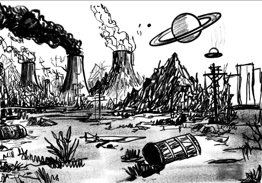 Hand-drawn charcoal sketch of a poisoned Earth: cooling towers venting smoke, wrecked pylons, scattered oil drums, a ringed planet and a saucer in the sky.