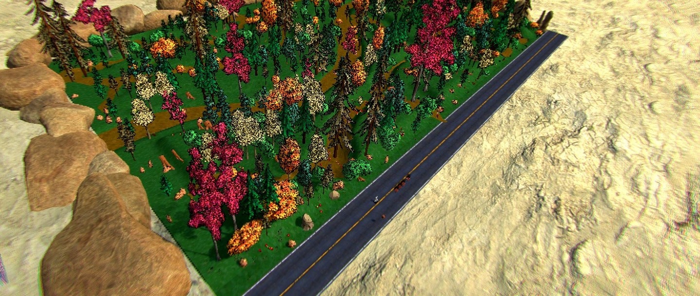The same valley after restoration, from the same camera position: the ground green and planted with autumn forest, the same road running through it.