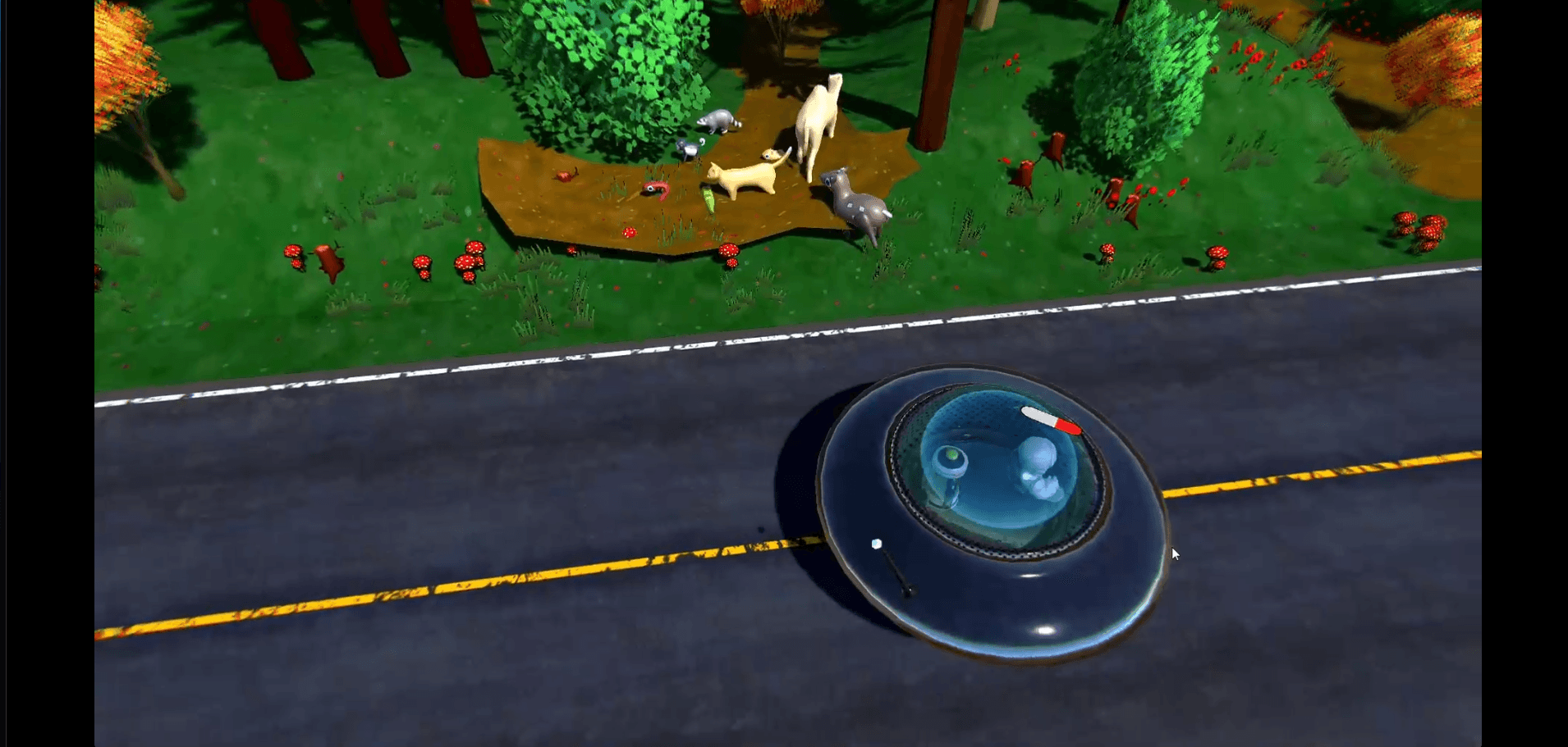 The restored world in play: deer, a dog, a raccoon and other animals grazing on green ground among autumn trees and mushrooms, with the traveller's saucer parked on the road.