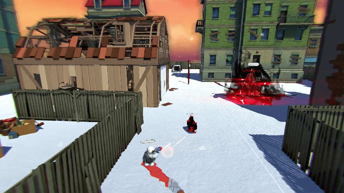 The snow-town level in play: the player firing on a corrupted enemy in a street between wrecked houses, with a hazard bloom marking the contested ground.