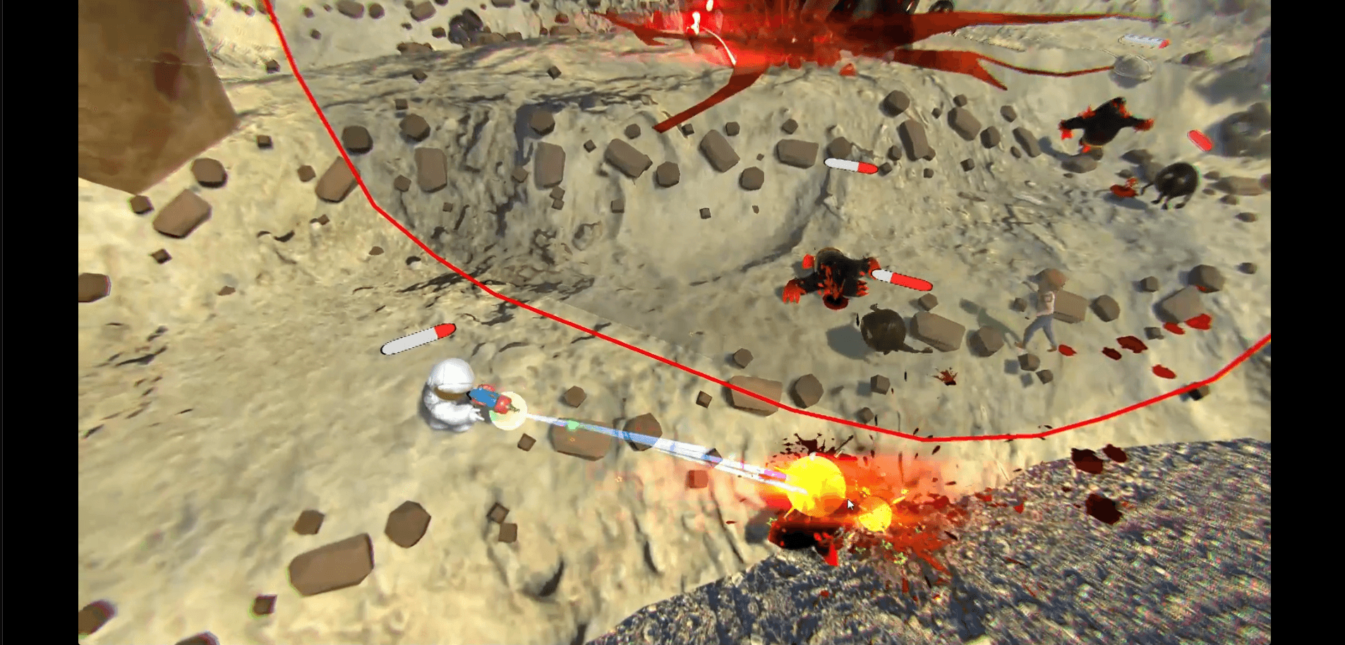 Top-down gameplay in the valley level: the player firing an energy beam at corrupted enemies, each with a health bar, with the red arena boundary curving across the ground.