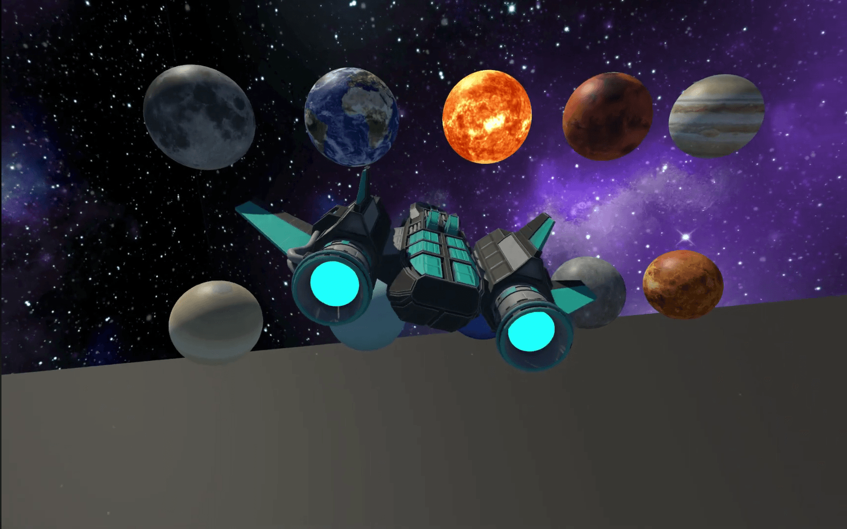 In-engine view of the ship on the hub floor with a wall of planets behind it. The planet textures are placeholders from a stock solar-system set, not the five designed worlds.