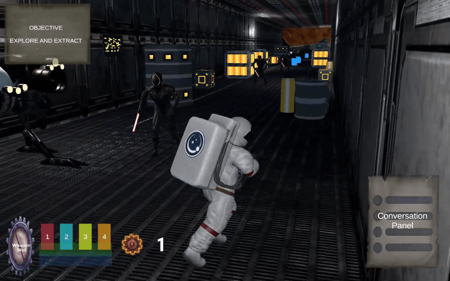 In-game view of a corridor fight: the objective panel top-left, the weapon slot bottom-left, and the Conversation Panel bottom-right — the interface two players who cannot understand each other have to talk through.