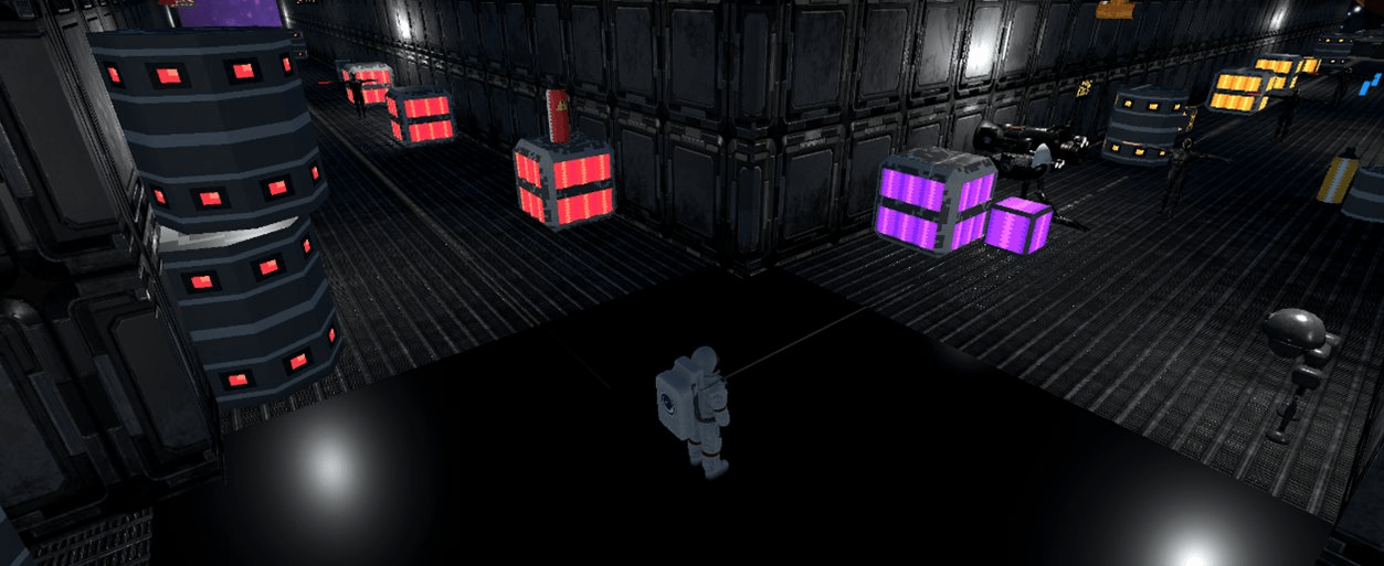 In-engine view of the ship's interior: the hub floor with its lit consoles spread around the walls and a player character standing among them.